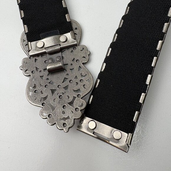 Silver-Toned Elastic Waist Belt Filigree Floral Buckle Rhinestone Goth cosplay - Picture 3 of 8